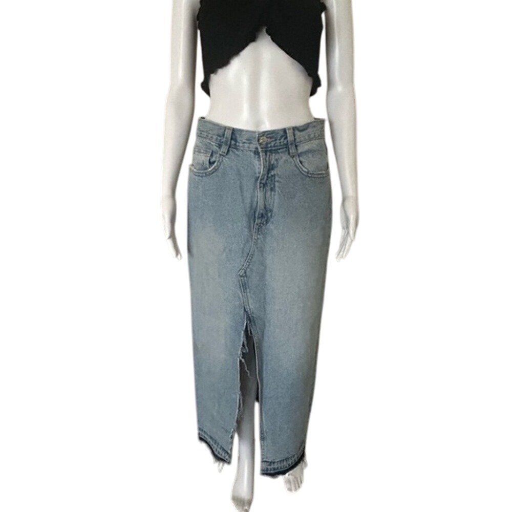 Zara Long Distressed Raw Hem High Waist Maxi Denim Jean Skirt Size Small - Picture 1 of 12